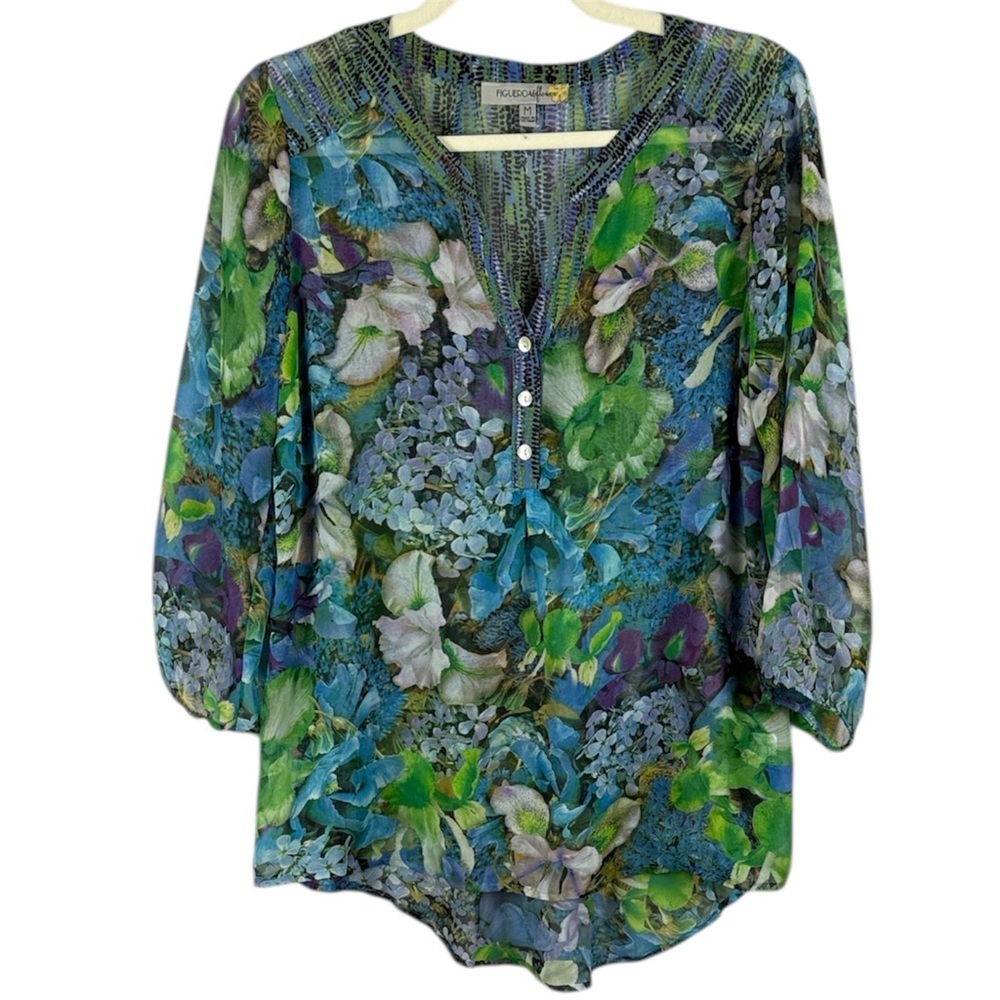 Figueroa & flower Blue Green Floral Sheer Button-Down 3/4 Sleeve Medium Blouse